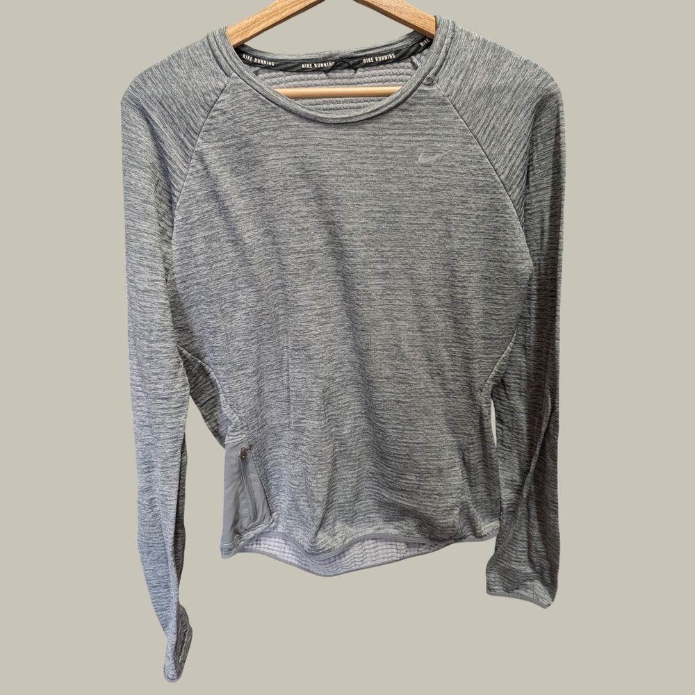 Nike Running Top Mens M Gray Excellent Dri-FIT Long Sleeve Space Dye Pocket